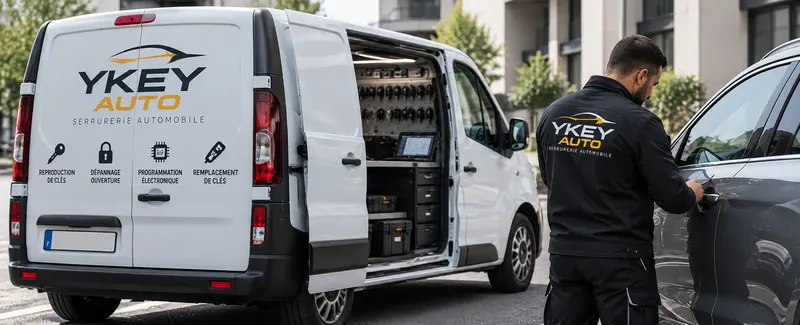 Atelier mobile Ykey Auto : camionnette équipée et technicien intervenant sur une portière de voiture