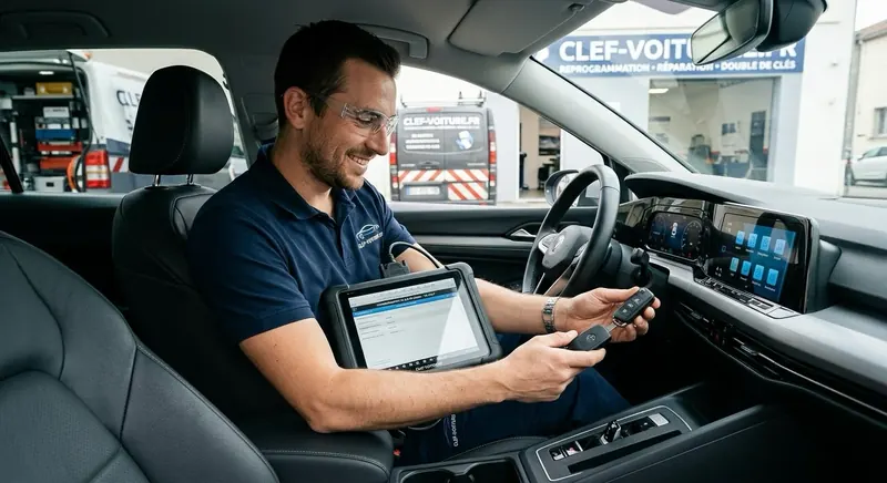 Technicien programmant une clé de voiture dans l'habitacle avec une valise de diagnostic